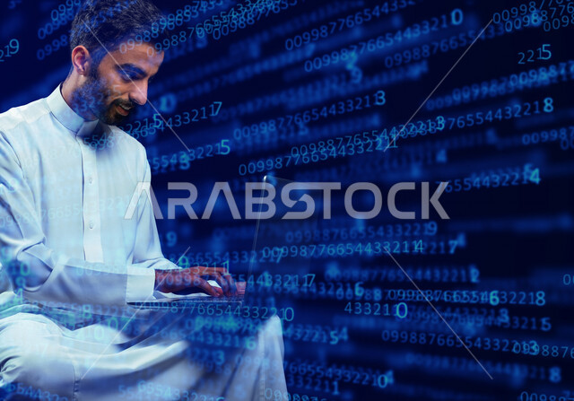 صورة مقربة لرجل عربي خليجي سعودي يستخدم الجهاز المحمول مع خلفية للبيانات الرقمية ، التكنولوجيا وتطوير الويب ، تطوير وبناء المواقع والتطبيقات الالكترونية، حماية البيانات والمعلومات ،اكواد وخوارزميات، تقنيات وحاسوب