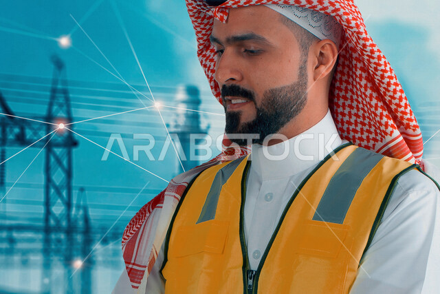 A Saudi Arabian Gulf architect wearing a work protection jacket, supervising a project under construction, an innovative engineering project, a background for construction cranes combined with a hologram grid scheme