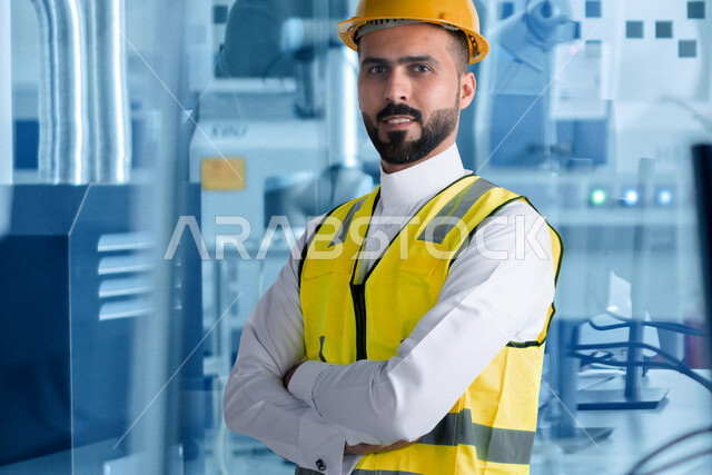 مهندس عربي خليجي سعودي يقف مبتسم ومكتف اليدين ، مهندس محترف داخل منشأة صناعية ، ابتكار الصناعات الذكية ، القيام بأعمال الصيانة ، مفهوم الهندسة الصناعية
