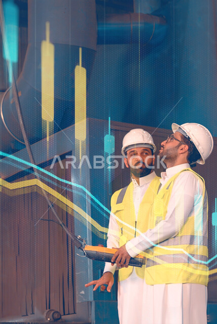 مهندسان صناعيان عربيان خليجيان سعوديان داخل مصنع الحديد ،استخدام جهاز الرافعة لتحريك وتوجيه الحديد ، ارتداء خوذة و سترة الحماية الخاصة بالعمل ، خلفية للرسم البياني بتقنية الهولوجرام