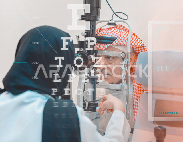 رجل عربي خليجي سعودي في عيادة مختصة لفحص العيون ينظر من خلال مجموعة من العدسات ، طبيبة سعودية خليجية تقوم بتقييم الرؤية والكشف عن أمراض العيون للمريض ، خلفية لموجموعة من الاحرف لفحص النظر