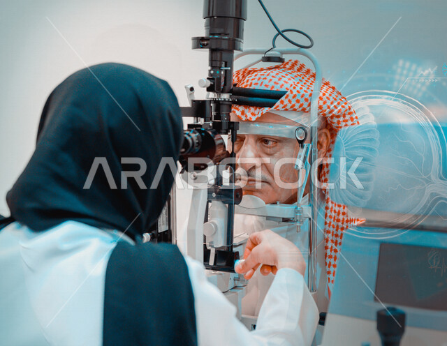 رجل عربي خليجي سعودي في عيادة مختصة لفحص العيون ينظر من خلال مجموعة من العدسات ، طبيبة سعودية خليجية تقوم بتقييم الرؤية والكشف عن أمراض العيون للمريض ، خلفية لتركيبة العين بتقنية الهولوجرام