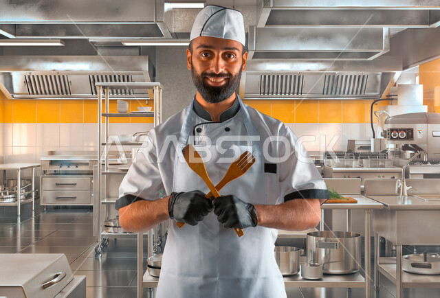 شيف سعودي عربي خليجي يرتدي الزي الرسمي بمهنة الطباخ، العمل في مجال الطبخ و الفندقة ، خبير في اعداد الطعام ، يحمل بيديه أدوات الطهي, خلفية مطبخ