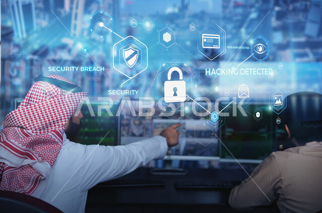 رجل عربي خليجي سعودي يشير بيده الى شاشة الحاسوب ، تطوير برامج قفل الشاشة ، الدخول الامن للبيانات ،  برامج حماية البيانات والمعلومات ، الامن السيبراني ، خلفية للقفل وايقونات التطبيقات بتقنية الهولوجرام