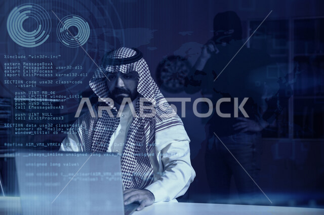 رجل عربي خليجي سعودي يستخدم الجهاز المحمول مع خلفية للغة البرمجة ، التكنولوجيا وتطوير الويب ، تطوير وبناء المواقع والتطبيقات الالكترونية، حماية البيانات والمعلومات ، تقنيات وحاسوب