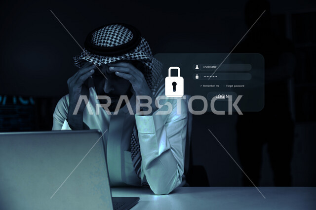 رجل عربي خليجي سعودي يجلس امام الحاسوب المحمول بايماءات تدل على الخسارة ،التعرض لسرقة كلمات المرور والبيانات الشخصية ، اختراق النظام والبيانات، جرائم الكترونية ،الهجمات الالكترونية ، خلفية تسجيل الدخول