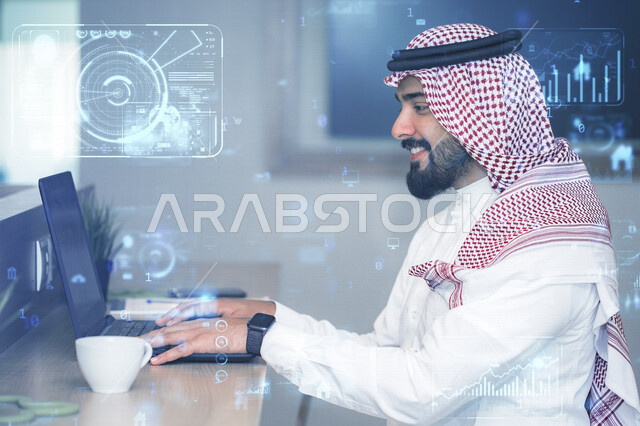 A Saudi Arabian Gulf man using a laptop computer, graphic analytics and statistics, digital analytics department, digital distribution and sales, jobs and occupations, background for infographics and illustrations with hologram technology