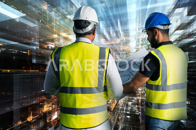 مهندسان معماريان سعوديان خليجيان يناقشان مخطط لمشروع البناء، إرتداء سترة الحماية الخاصة بالعمل, تدقيق العمل، الإشراف والنقاش لمشاريع قيد الانشاء، مفهوم الهندسة المعمارية وادارة المشاريع ، مهن ووظائف هندسية