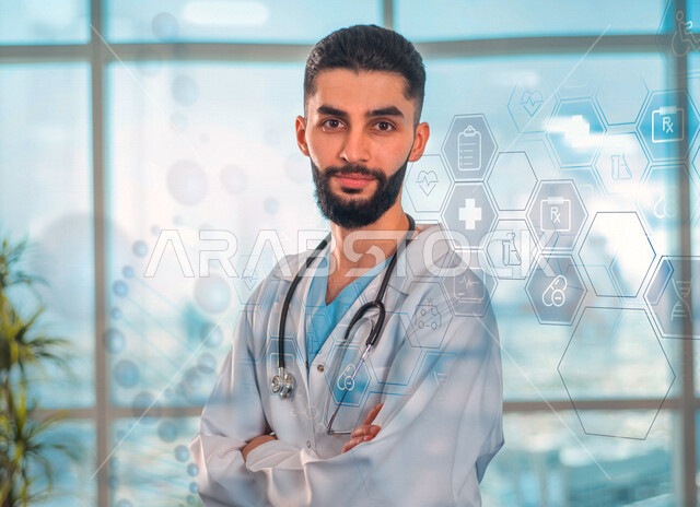 بورتريه لطبيب عربي سعودي خليجي بإيدي متقاطعة، ينظر إلى الكاميرا بإيماءات مختلفة، يقدم خدماته للمرضى بكل كفاءه ، مفهوم الطب والرعاية الصحية، مهن ووظائف طبية، العمل في القطاع الصحي لتقديم الخدمات الصحية، إستخدام تقنية الهولوجرام ثلاثية الأبعاد