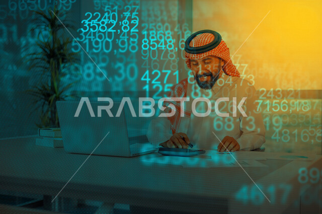 A Saudi Arabian Gulf man, working on accounts management, using a laptop computer, using 3D hologram technology, remote work, the concept of computer and information technology, office occupations and jobs, using a calculator to perform calculations