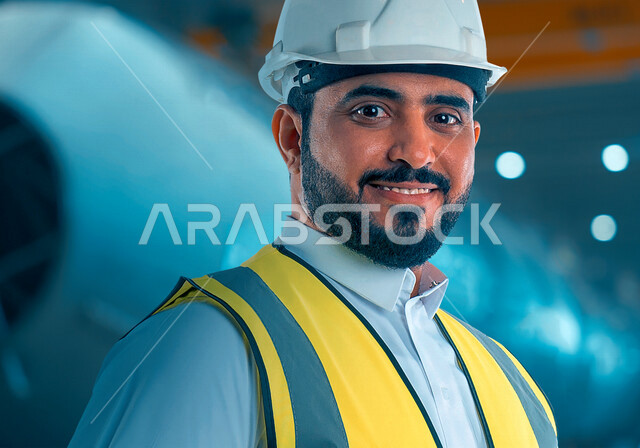 صورة مقربة لمهندس عربي خليجي سعودي يرتدي خوذة وسترة الحماية خاصة بالعمل ، ينظر إلى الكاميرا ، مهن و وظائف هندسية ، ادارة المشاريع الهندسية ، مفهوم الهندسة ، مهندس معماري محترف