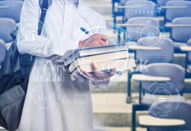 طالب جامعي عربي خليجي سعودي يحمل بيد مجموعة من الكتب، يقوم بكتابة وتدوين الملاحظات، أيقونات هولوجرامية، المذاكرة للاختبارات الجامعية، مراجعة الدروس اليومية، التعليم الجامعي في المملكة العربية السعودية، كتابة تقارير وأبحاث علمية