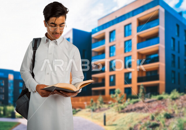 A Saudi Arabian Gulf university student holds a set of books on campus, reading university books, reviewing daily lessons, university education in Saudi Arabia, preparing for university work, education and culture, reading survey