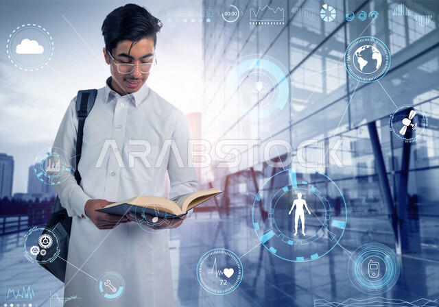 طالب جامعي عربي خليجي سعودي، يحمل بيده كتاب جامعي، قراءة الكتب الجامعية، أيقونات هولوجرامية لتحليل شخصية الطالب، مراجعة الدروس اليومية، التعليم الجامعي في المملكة العربية السعودية، اختبار تحديد الشخصية، بيانات الطالب الشخصية