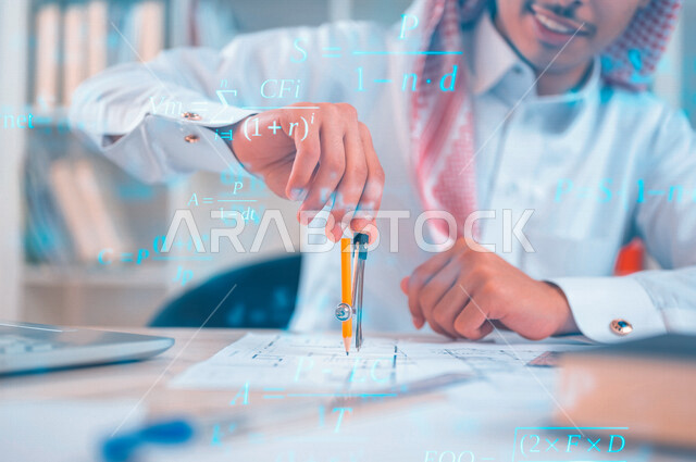 A Saudi Arabian Gulf student inside the library, using an engineering caliper, using a laptop, using engineering tools and equipment, an engineering design scheme, engineering professions and jobs, a professional architect, the concept of architecture, us