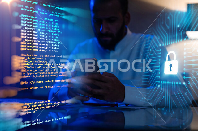 رجل عربي سعودي خليجي يعمل في وظيفة مطور ويب بإستخدام الهاتف المحمول، استخدام لغات البرمجة، تطوير وبناء المواقع والتطبيقات الالكترونية، اكواد وخوارزميات, الحماية والأمان, أيقونة قفل الأمان مضيئة بتقنية الهولوجرام ثلاثية الأبعاد
