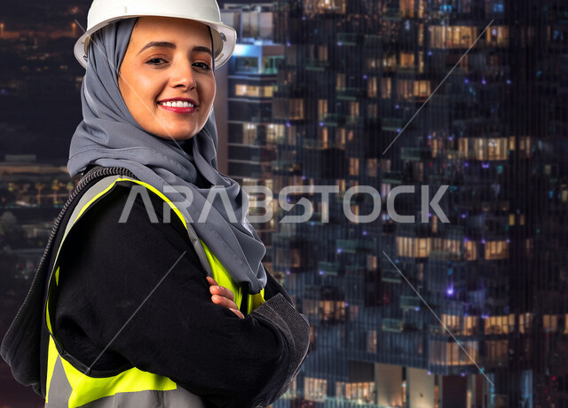مهندسة عربية خليجية سعودية محجبة، ترتدي خوذة وسترة الحماية الخاصة بالعمل، تنظر إلى الكاميرا بإيدي متقاطعة، مفهوم الهندسة المعمارية، إدارة المشاريع الهندسية، مهن ووظائف هندسية، رؤية 2030 ، التطور العمراني في السعودية، النهضة العمرانية، فن العمارة