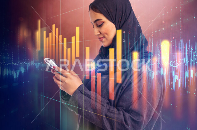 A young Saudi Arabian Gulf woman, using a mobile phone, surfing the Internet, professions and jobs, a work session, using 3D hologram technology, a chart of economic growth and the stock market, trading in the stock market, financial investment