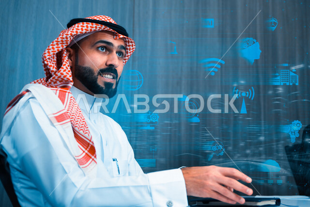 Smiling Saudi Arabian Gulf man, browsing websites with 3D hologram technology, following social media applications, surfing the Internet, information technology, background of a group of electronic application icons