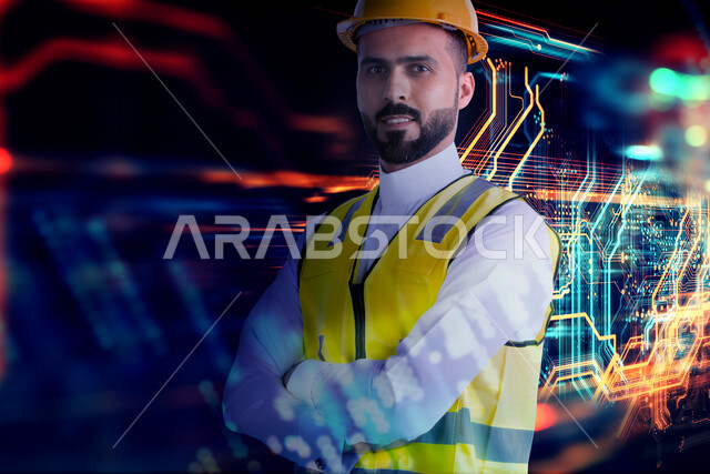 Close-up of a smiling Saudi Arabian Gulf Arab engineer, wearing a work helmet and protective jacket, looking at the camera with crossed hands, engineering professions and jobs, engineering project management, engineering concept, professional architect, 3