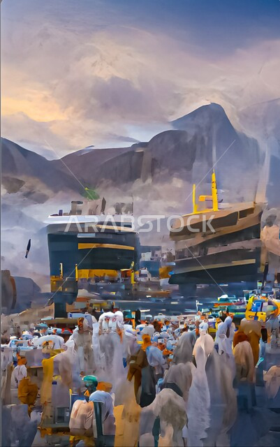 لوحة فنية معبرة لموسم الحج في المملكة العربية السعودية، اللوحات الفنية التشكيلية، رسومات إبداعية لمكة المكرمة، لوحات فنية بألون جميلة تجذب السياح، فنون الرسم بالسعودية، لوحات فنية جدارية، لوحات الرسم