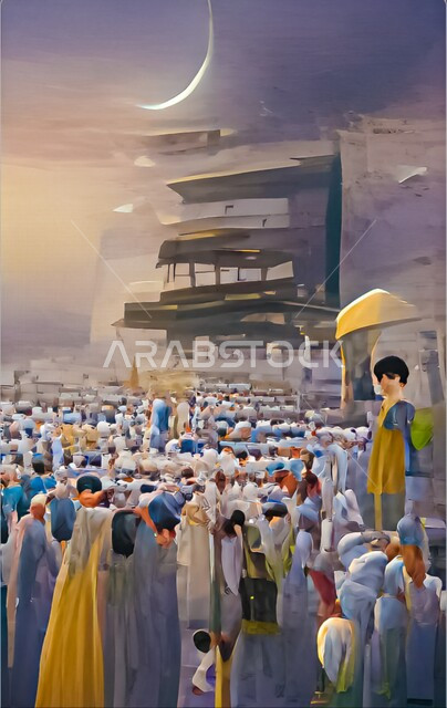لوحة فنية معبرة لموسم الحج في المملكة العربية السعودية، اللوحات الفنية التشكيلية، رسومات إبداعية لمكة المكرمة، لوحات فنية بألون جميلة تجذب السياح، فنون الرسم بالسعودية، لوحات فنية جدارية، لوحات الرسم