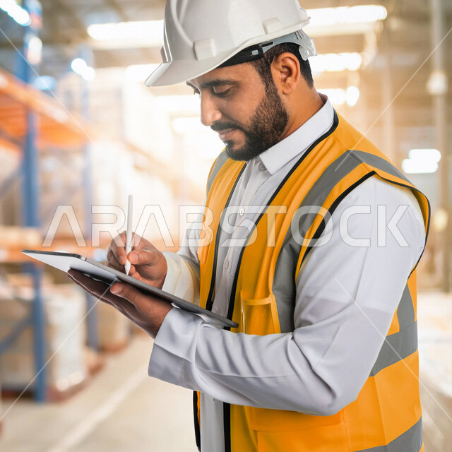 مهندس عربي خليجي سعودي، يرتدي خوذة وسترة الحماية خاصة بالعمل، يقوم بكتابة وتدوين الملاحظات، مهن و وظائف هندسية، ادارة المشاريع الهندسية، مفهوم الهندسة، مهندس معماري محترف، مخططات و تصماميم هندسية، تدقيق العمل