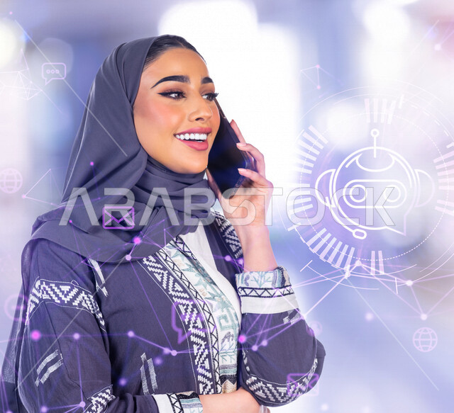 صورة مقربة لمرأة عربية خليجية سعودية مبتمسة، ترتدي الحجاب والعباءة الخليجية، تقوم بإجراء مكالمة هاتفية عبر الهاتف المحمول، إستخدام وسائل التواصل الإجتماعي، التواصل مع الإصدقاء، خلفية لتطبيقات وشبكات انترنت بتقنية الهولوجرام ثلاثي الأبعاد