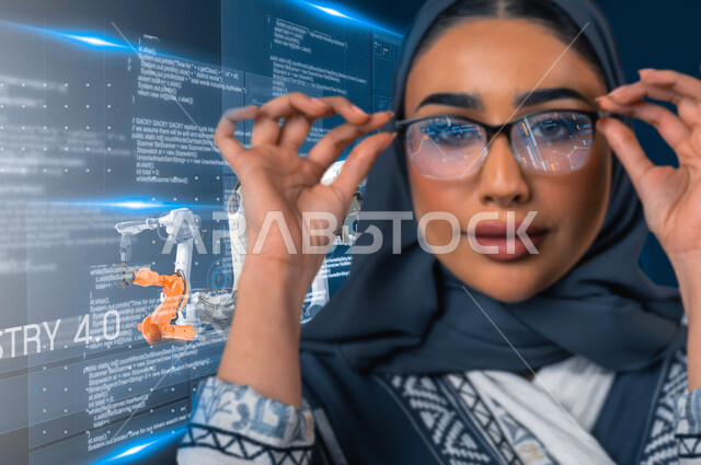 A Saudi Arabian Gulf businesswoman looks at the screen with a background combined with financial information and data using 3D hologram technology, reports on the financial market, monitoring the economy and financial information, the concept of digital a