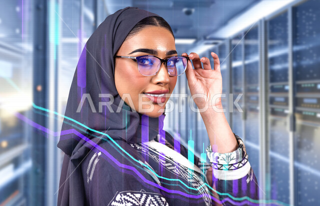 موظفة عربية خليجية سعودية محجبة ، تعمل في مركز البيانات ، إدارة الخوادم ، مجموعه من خوادم الانترنت والسيرفرات ، حظيرة الخوادم ، تقنية وتكنولوجيا ، إستخدام تقنية الهولوجرام ثلاثي الأبعاد