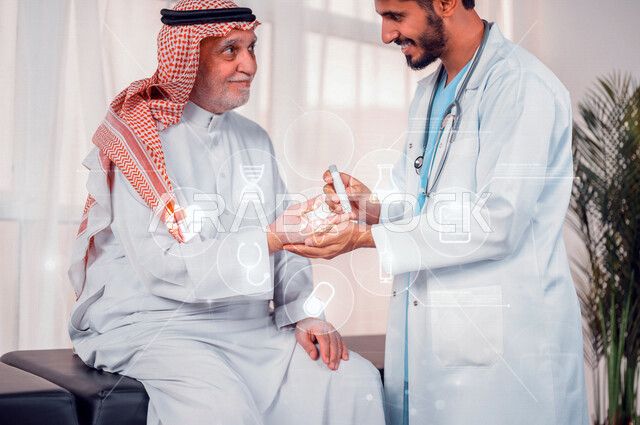 طبيب عربي خليجي سعودي يقوم بفحص مريض كبير بالسن يعاني من داء السكري، مشاكل ارتفاع وانخفاض السكر في الدم، جهاز قياس السكر في الدم خاص لمرضى السكري، مفهوم الطب والرعاية الطبية، مهن ووظائف طبية، مجموعة من الايقونات الطبية بتقنية الهولوجرام