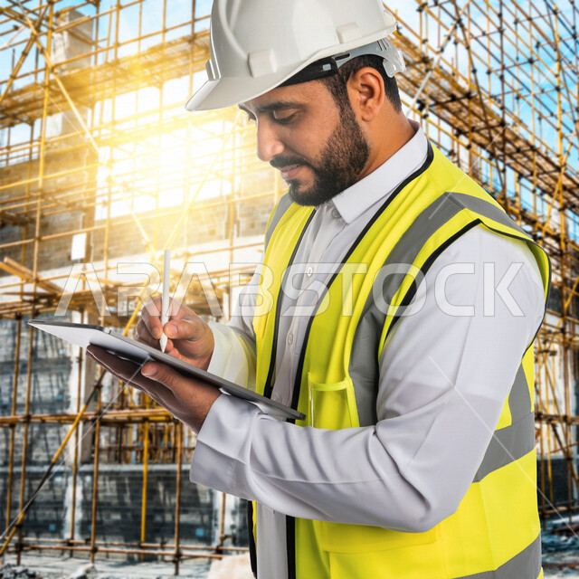مهندس عربي خليجي سعودي، يرتدي خوذة وسترة الحماية خاصة بالعمل، يقوم بكتابة وتدوين الملاحظات، مهن و وظائف هندسية، ادارة المشاريع الهندسية، مفهوم الهندسة، مهندس معماري محترف، مخططات و تصماميم هندسية، تدقيق العمل