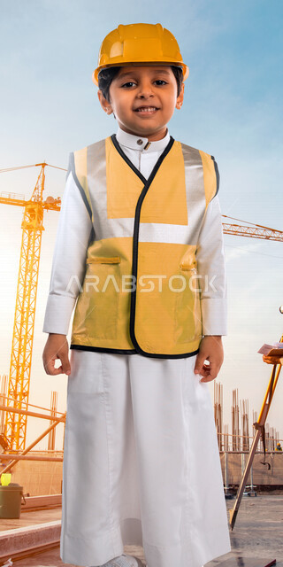 فتى عربي خليجي سعودي مبتسم ، يرتدي خوذة الوقاية وسترة الحماية الخاصة بالعمل ، ينظر إلى الكاميرا ، مهنة مستقبلية ، مفهوم الهندسة ، مهن ووظائف هندسية