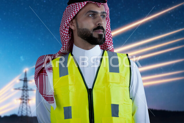 رجل عربي خليجي سعودي، مهندس معماري يرتدي سترة الحماية الخاصة بالعمل، الاشراف على مشروع قيد الانشاء، مشروع هندسي مبتكر، خلفية لرافعات البناء مدموجة بمخطط شبكي بتقنية الهولوجرام