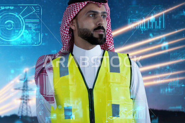 رجل عربي خليجي سعودي، مهندس معماري يرتدي سترة الحماية الخاصة بالعمل، الاشراف على مشروع قيد الانشاء، مشروع هندسي مبتكر، خلفية لرافعات البناء مدموجة بمخطط شبكي بتقنية الهولوجرام