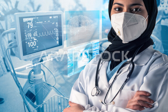 طبيبة عربية خليجية سعودية ترتدي الكمامة الواقية، مفهوم الطب والرعاية الصحية، تقديم الخدمات الطبية للمرضى، إيماءات وجه ويدين مختلفة الوقوف بإستقامة، يدان متقاطعتان، الوقوف بثقة