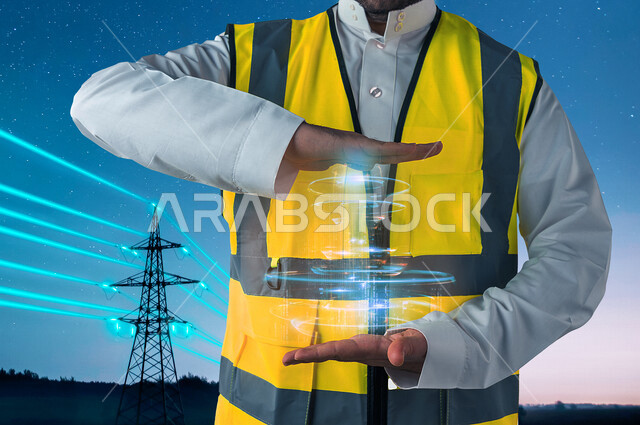 رجل عربي خليجي سعودي، مهندس معماري يرتدي سترة الحماية الخاصة بالعمل، مهندس يحمل شيء بين يديه، امساك واحتواء عنصر هلوجرامي، مشروع هندسي مبتكر، خلفية لرافعات البناء مدموجة بمخطط شبكي بتقنية الهولوجرام