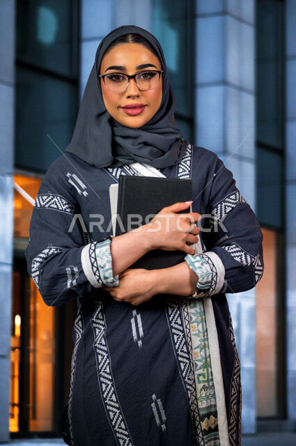 A Saudi Arabian Gulf university student wearing eyeglasses and holding a set of books in her hand, education and scientific research, reading and learning, following up on lectures and lessons, culture and scientific knowledge