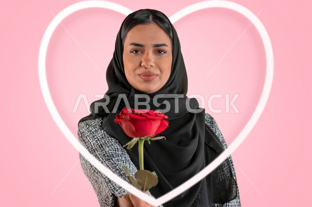 سيدة عربية خليجية سعودية تحمل بيدها وردة حمراء ، تقديم الورود الجميلة ، الحب والرومانسية ، هدية بمناسبة عيد الحب ، هدية بمناسبة يوم الام ، عيد ميلاد ،  اعياد ومناسبات سعيدة 