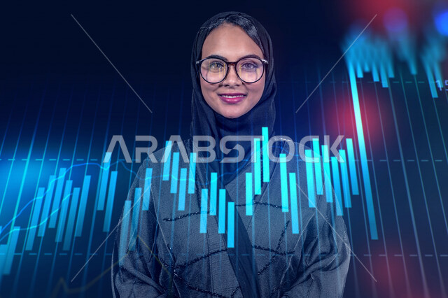 Saudi Arabian Gulf businesswoman wearing hijab and abaya, following up the economic growth chart, trading in the stock market, monitoring the economy and financial information, financial investment, background chart of the financial market