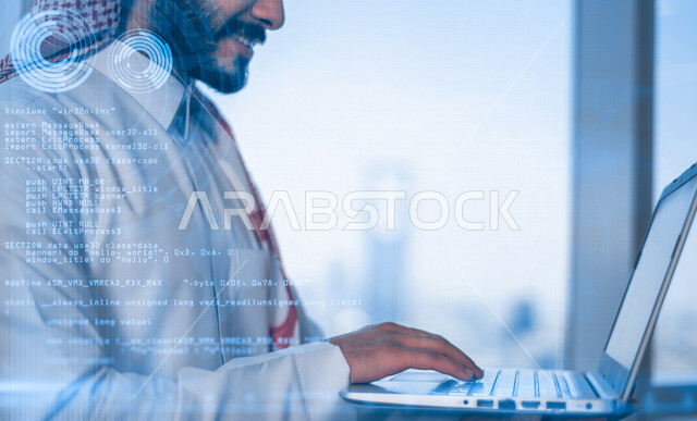A Saudi Arabian Gulf businessman using his laptop, stock exchange statistical charts with 3D hologram technology, developing companies and economic projects, e-commerce, stock follow-up, financial investment