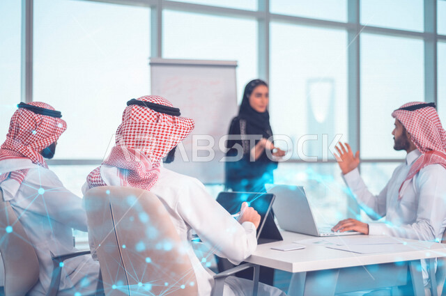 Meeting coworkers inside the company, using the laptop and tablet during the meeting, listening to the team leader, discussing the company’s goals and policy, explaining the business strategy, discussing a project, training and developing employees, a wor