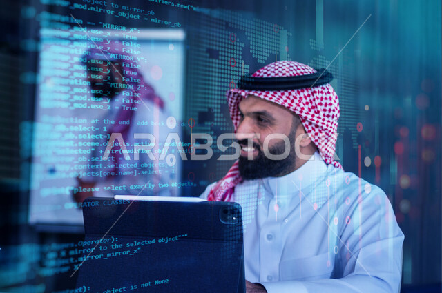 رجل عربي سعودي خليجي يعمل في وظيفة مطور ويب، استخدام لغات البرمجة، تطوير وبناء المواقع والتطبيقات الالكترونية، اكواد وخوارزميات، تقنيات وحاسوب, هاكر, قرصنه, حماية معلومات, أمن معلومات