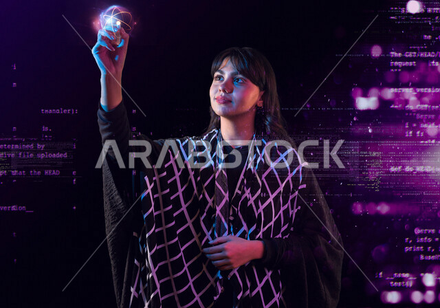 إمرأه عربيه سعوديه خليجيه تعمل في وظيفة مطور ويب، تطوير برمجي وبناء المواقع والتطبيقات الالكترونية، اكواد وخوارزميات، تقنيات وحاسوب, حماية معلومات, خلفيه هولوجراميه مضيئه, أعمال ومهن احترافيه