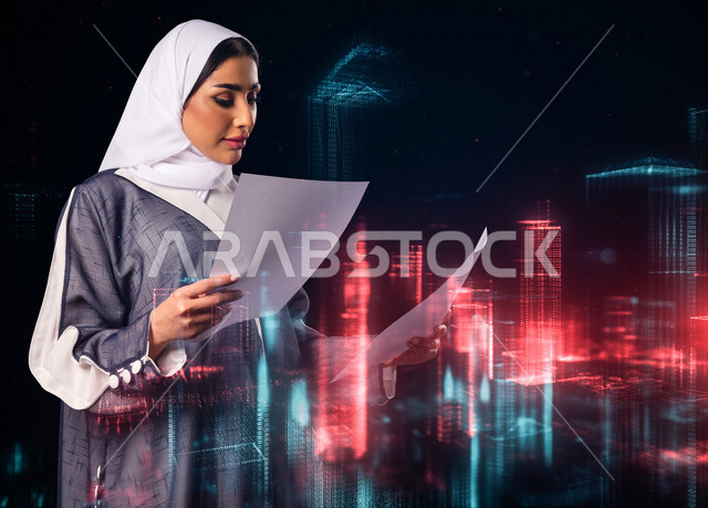 سيدة اعمال عربية خليجية سعودية تحمل أوراق عمل، مهندسه معماريه, خلفيه هولوجراميه للمباني الهندسيه ثلاثية الابعاد, الهندسه وتطوير الاعمال, النمو الاقتصادي ، رؤية 2030