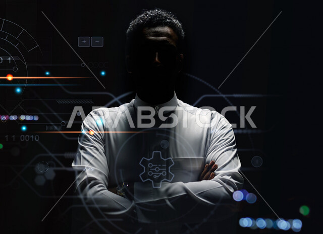 A Saudi Arabian Gulf man working as a web developer, using programming languages, developing and building websites and electronic applications, codes and algorithms, computer and techniques, hacker, hacking, information protection, information security