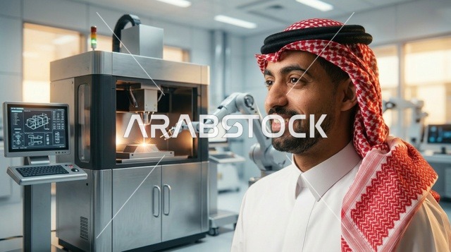 مهندس سعودي في منشأة تصنيع روبوتية حديثة