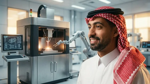 مهندس سعودي في منشأة تصنيع روبوتية حديثة