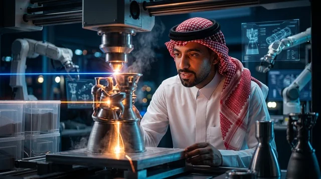 مهندس سعودي يتابع عملية طباعة معدنية ثلاثية الأبعاد