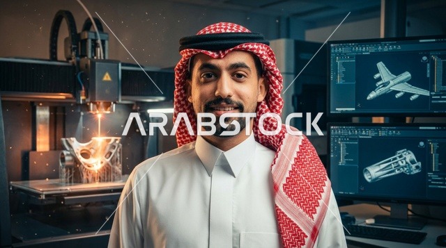 مهندس سعودي في مختبر تقني مع طابعة ثلاثية الأبعاد